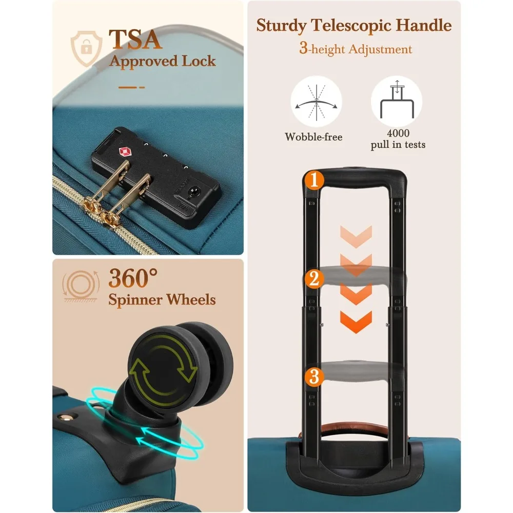 20 Inch Airline Approved Softside Rolling Luggage Set, 3 Piece Suitcases with Wheels, Carry-On Travel Bag