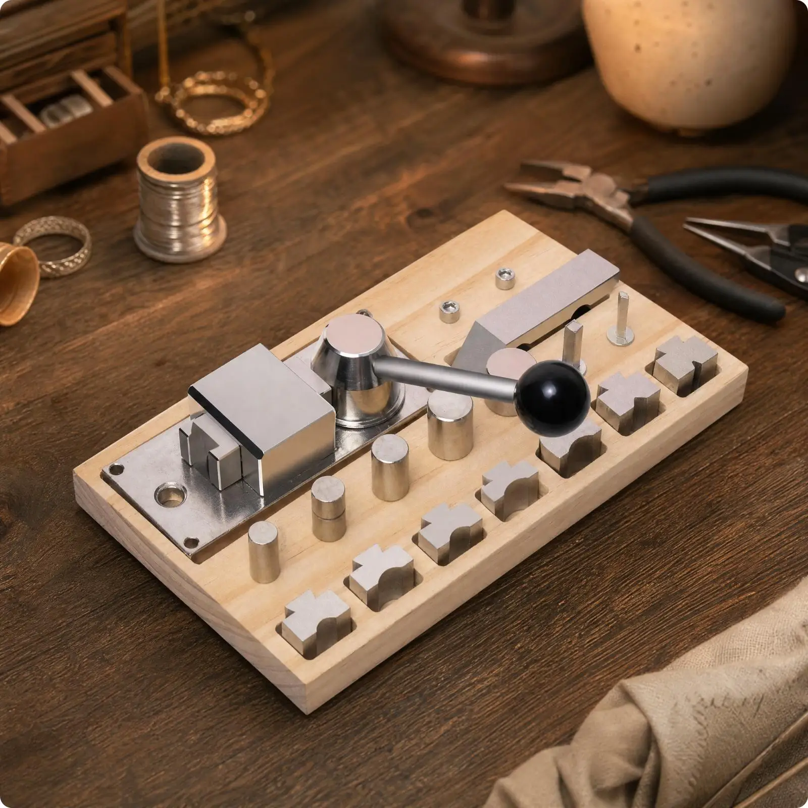 Jewelry Circular Forming Tool with Wooden Storage Tray Versatile Circular Bending Machine with Interchangeable Dies Adjustable