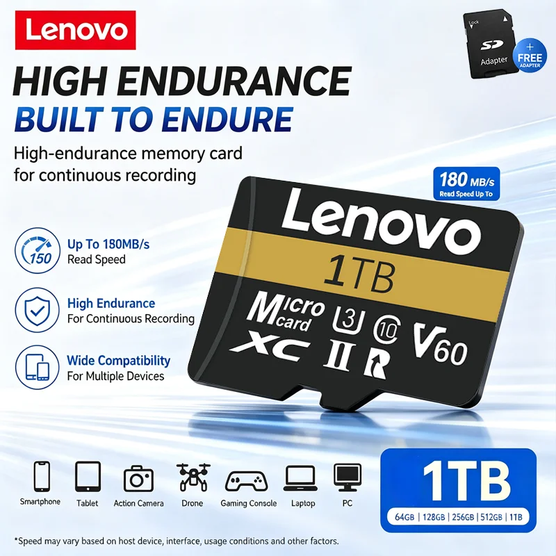 بطاقة ذاكرة Lenovo عالية السرعة، سعة 256 جيجابايت، 512 جيجابايت، فئة 10، UHS-I، MicroSDXC، سعة 1 تيرابايت، 128 جيجابايت، متوافقة مع طائرات DJI بدون طيار وكاميرات GoPro Hero، تدعم تصوير فيديو بدقة 4K.