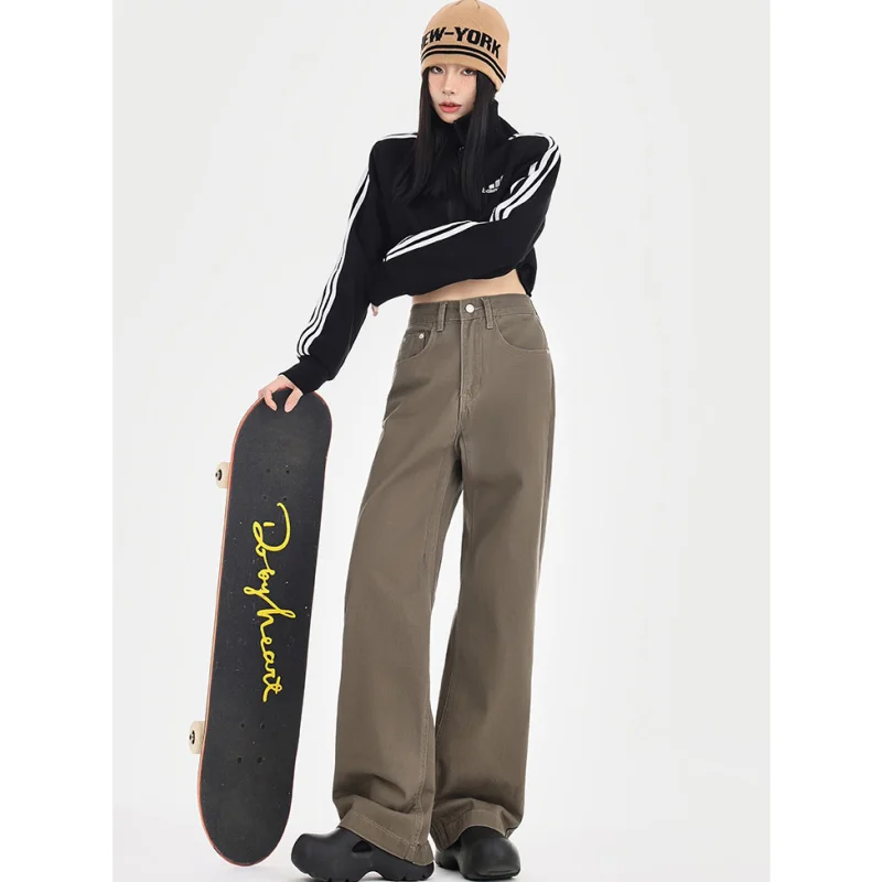 Y2K Women Brown Jeans Solid 2024 Streetwear High Waist American Wide Leg Pants Fashion Vintage Female Autumn Straight Trousers