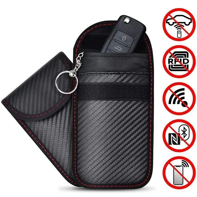 Red Stitching Car Key Signal Shielding Pouch, Commute Faraday Bag For RFID Blocking