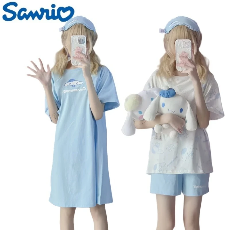 

Sanrio Collarless Loungewear Cartoon Cinnamoroll Nightdress Crew Neck Pajamas Short Sleeve Suit Holiday Gifts Casual Fashion