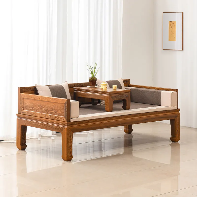 Chicken wing wood Arhat bed New Chinese mahogany chaise longue Chinese solid wood large size sofa bed Small apartment Zen