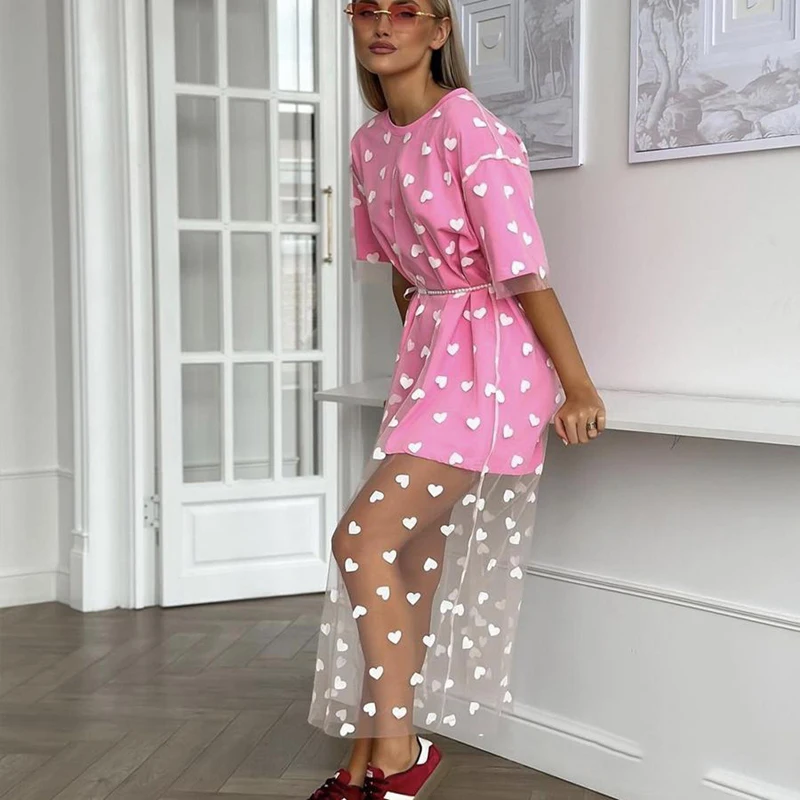 

2025 Summer New Long Style Love Mesh Splicing Loose Short sleeved T-shirt Dress