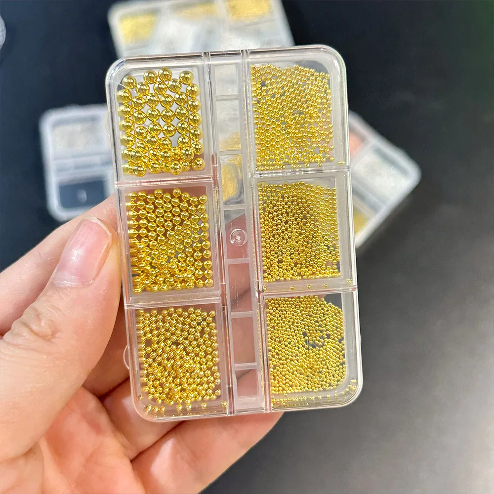 Perles de Caviar en métal, 6 grilles, breloque pour ongles, alliage or argent rond, petite boule en acier, gemmes pour ongles, Micro boule, décoration pour Nail Art, 0.8-3mm