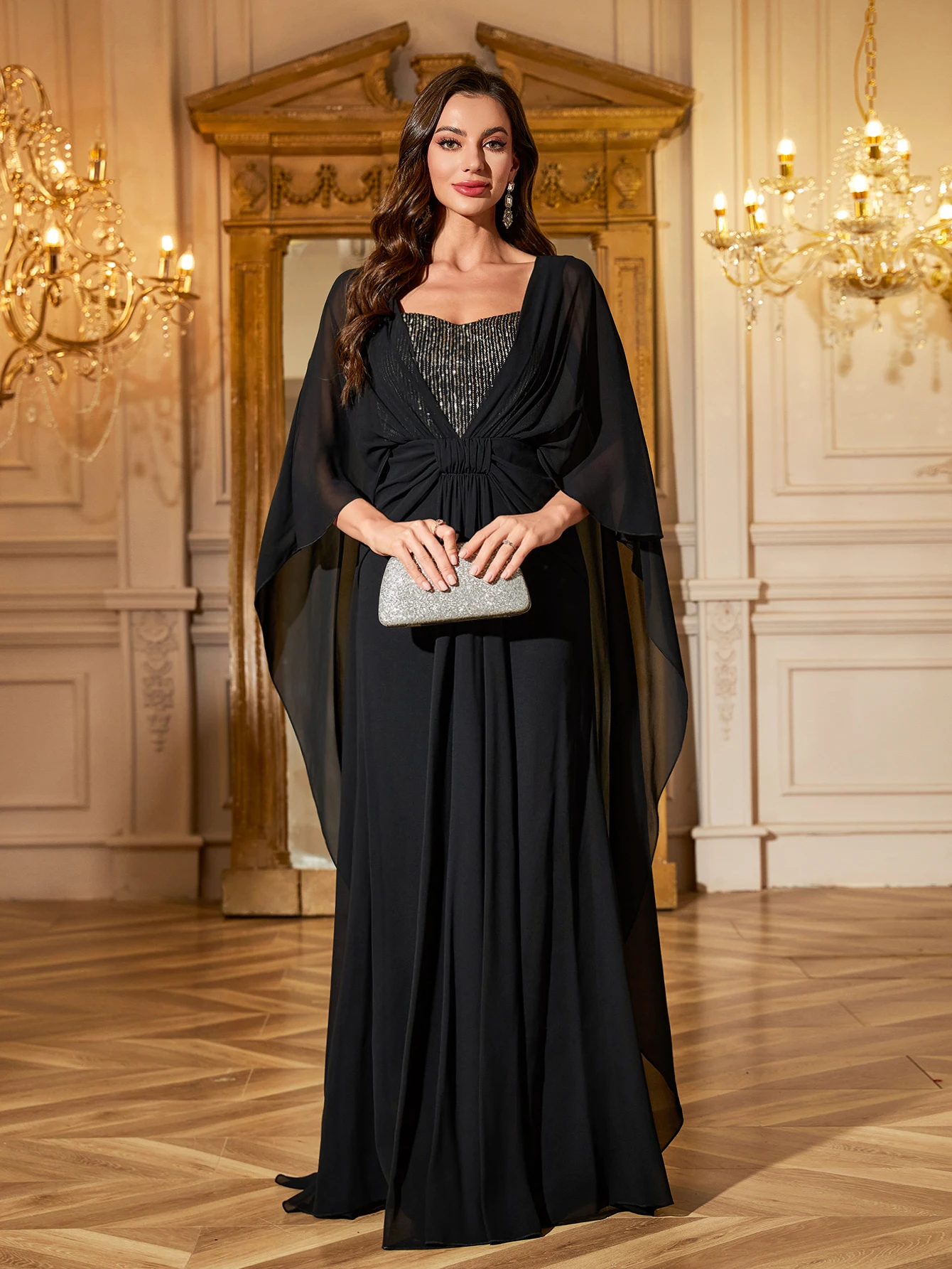 UNITHORSE Black Sequin Choker Neck Batwing Sleeve Evening Dress for Women Sexy Flared Hem Satin Prom Gown for Women