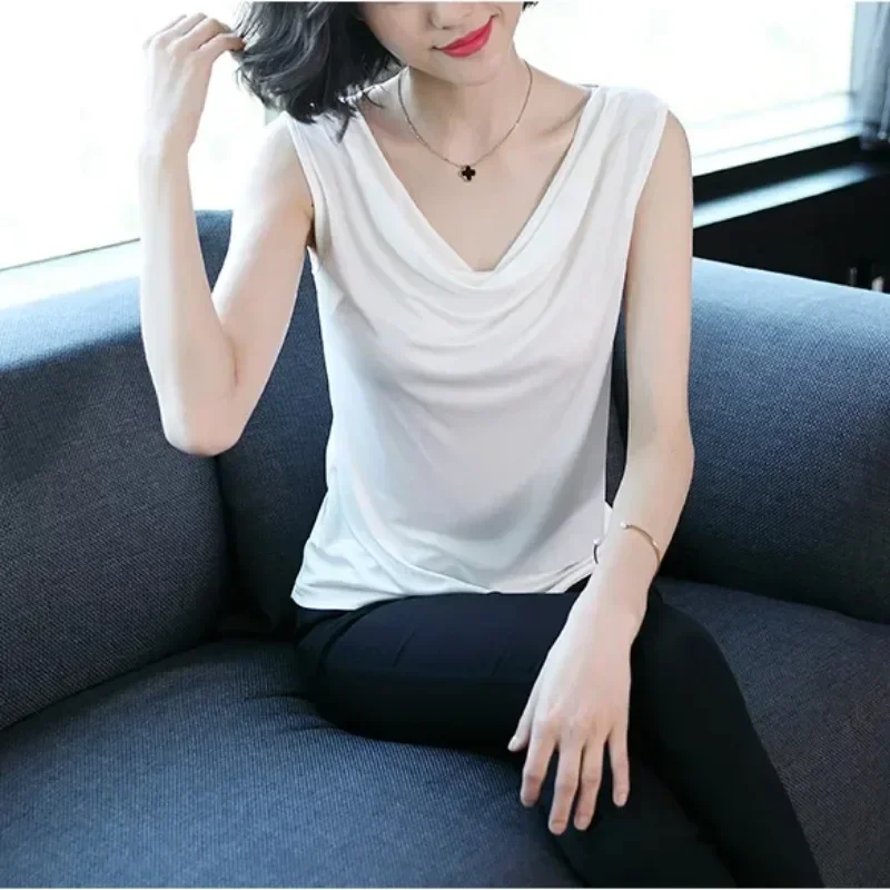 Elegant Cowl Neck Satin Tank Tops Women Fashion Sleeveless Blouses Casual Solid Color Party Tunic Tops 2024 Summer Blusas