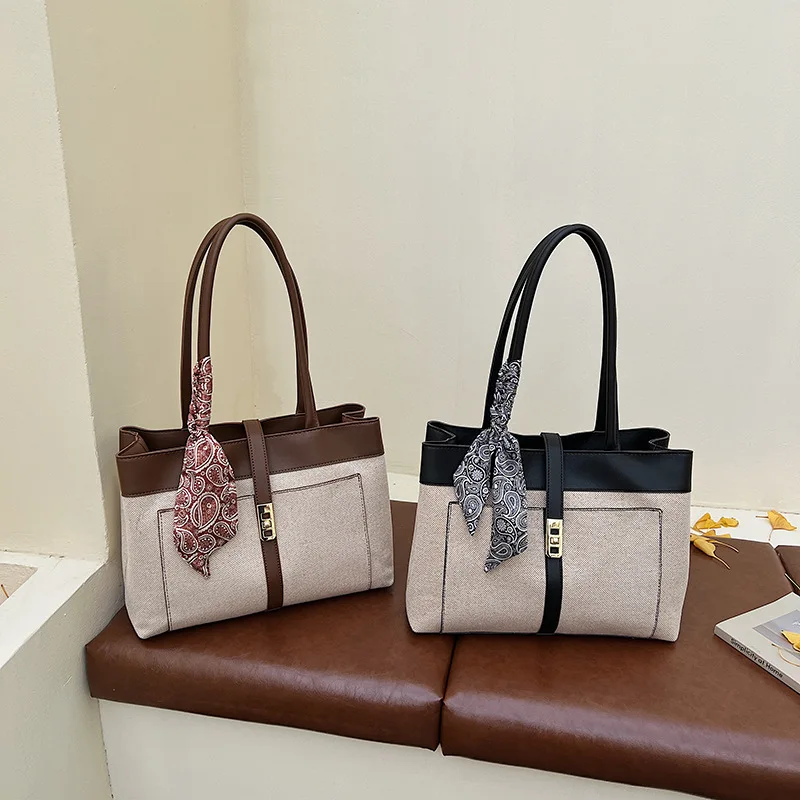 Women's Trendy Large Capacity Underarm Tote Bag - Premium Quality Versatile Design with Silk Scarf Detail for Commuters