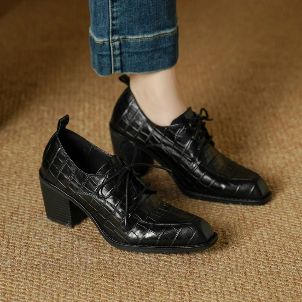 Women's Shoes Real Leather 2026 Spring New Lace-up Single Shoes Female Thick Heels Plus Size Women's Oxford Shoes