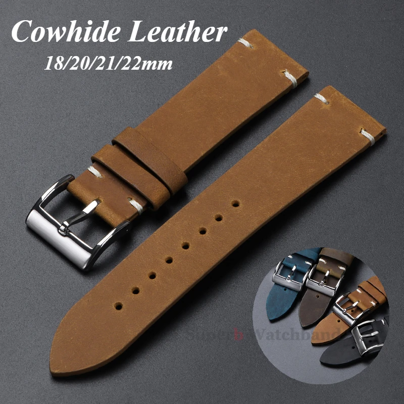 

High Quality Calfskin Leather Watchbands 18/20/21/22mm Oil Wax Retro Leather Strap for Huawei Gt2/3 Men's Watches Accessories