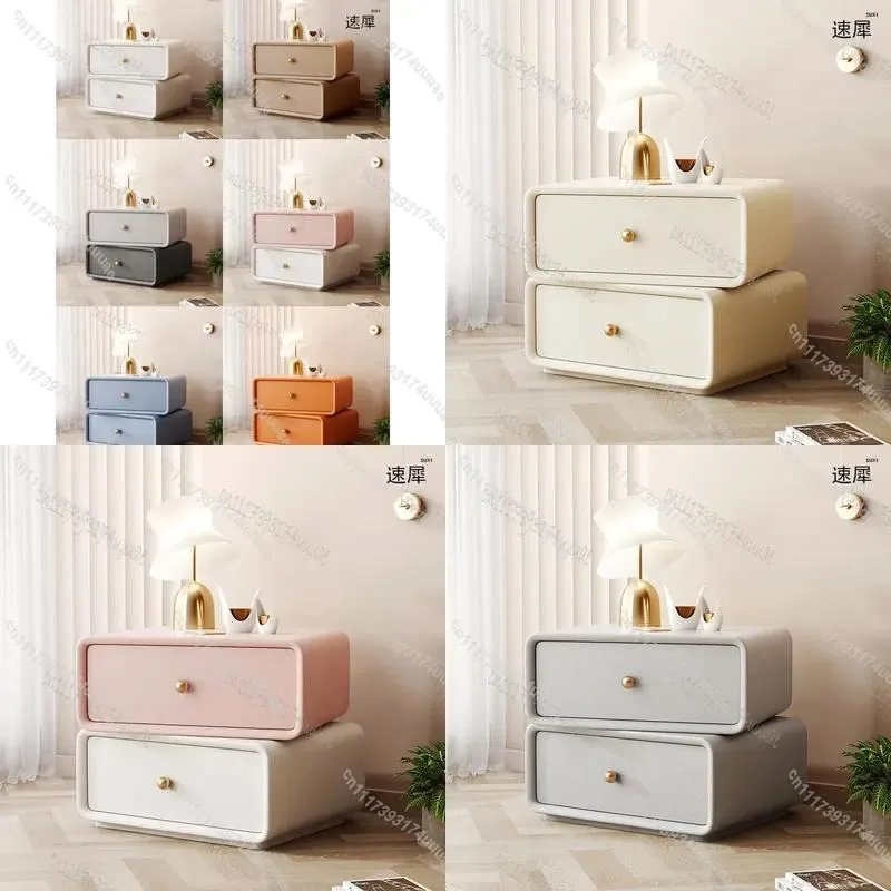 Solid Wood Rotating Bedside Table with 2 Drawers Creative Faux Leather Storage Cabinet Bedroom Nightstand Solid Color Modern