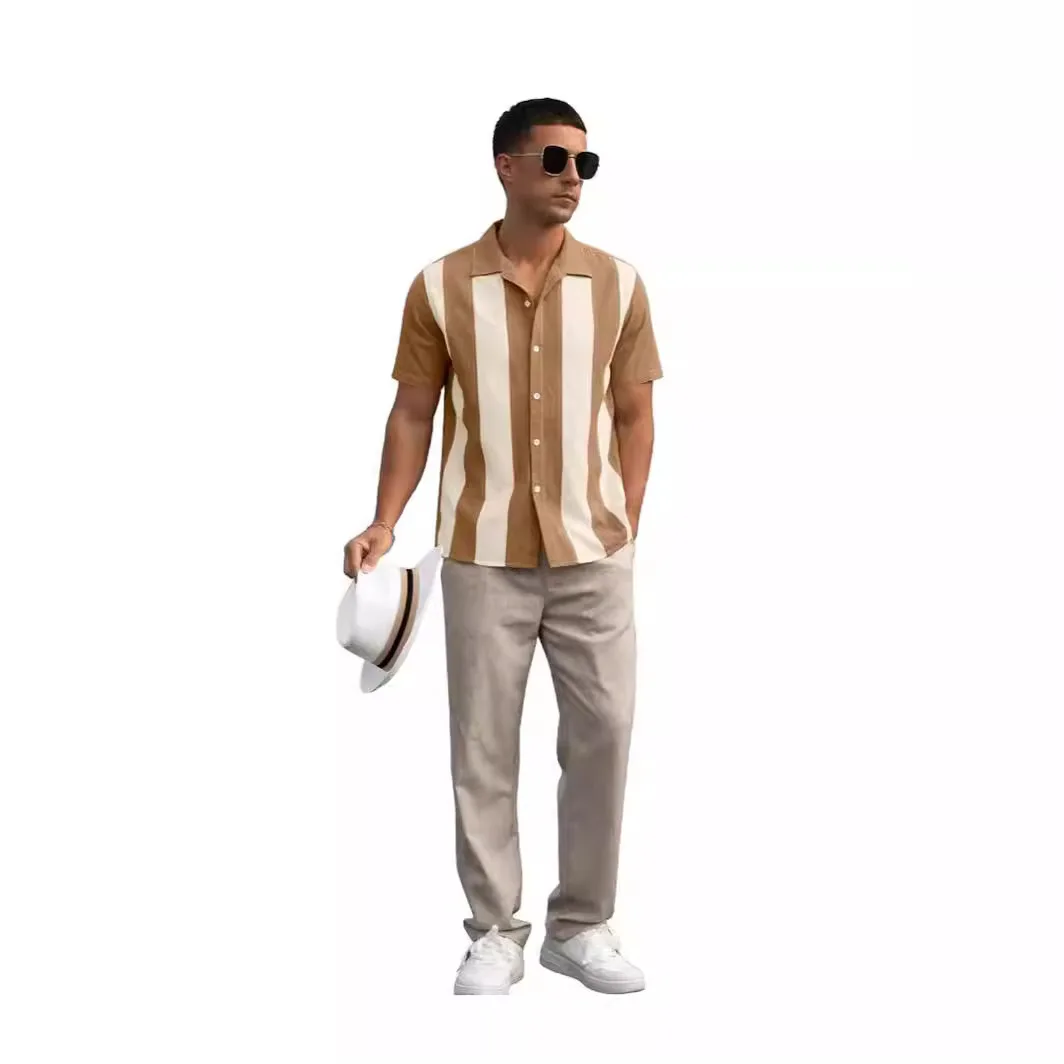 Summer Vintage Contrast Stripe Splicing Short Sleeve Shirt Men's Loose Casual Cuban Collar Shirt Tide