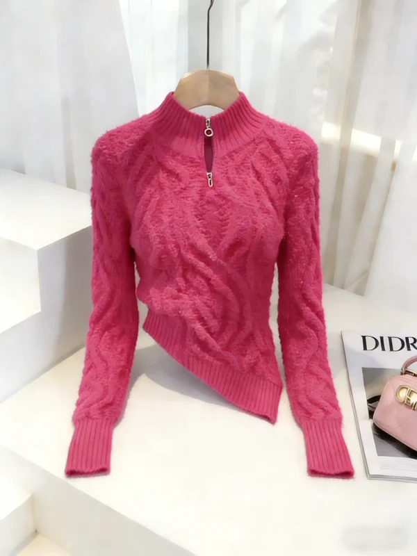 

Ретро-свитер с высоким воротником на молнии, с льняным узором, женский, весенний, новый, асимметричный, универсальный, дизайнерский