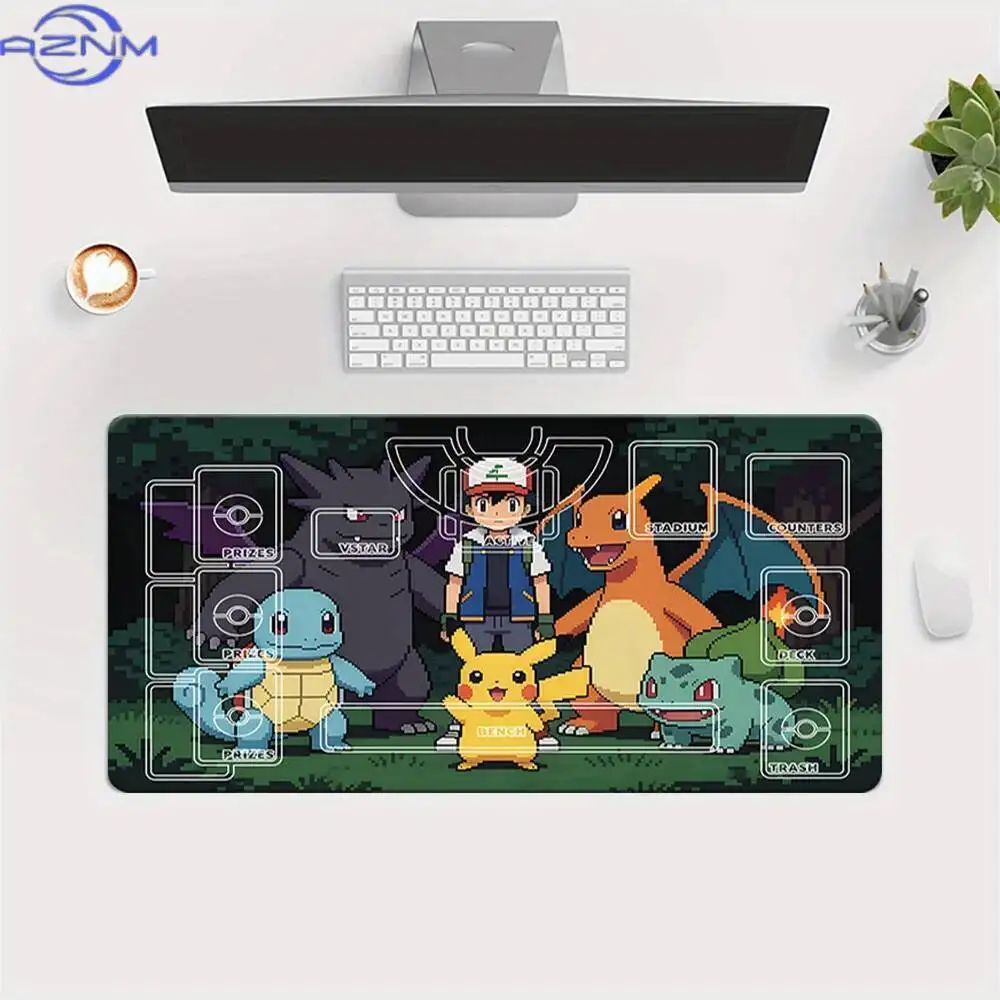Pokemon TCG Playmat with Ash & Charizard Pikachu Pixel Forest Design, Large Trading Card Game Mat with Zones, Extended Desk Mous