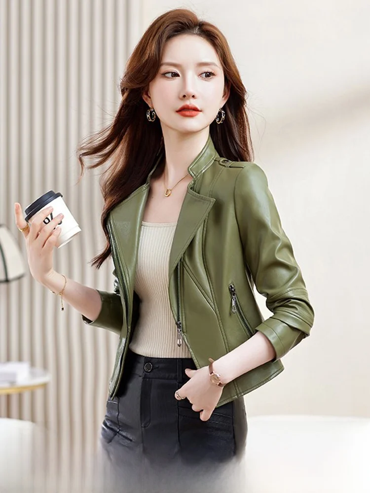 Manteau en cuir véritable pour femme, coupe ajustée, décontracté, avec fermeture éclair, style coréen, collection Printemps-Automne 2025