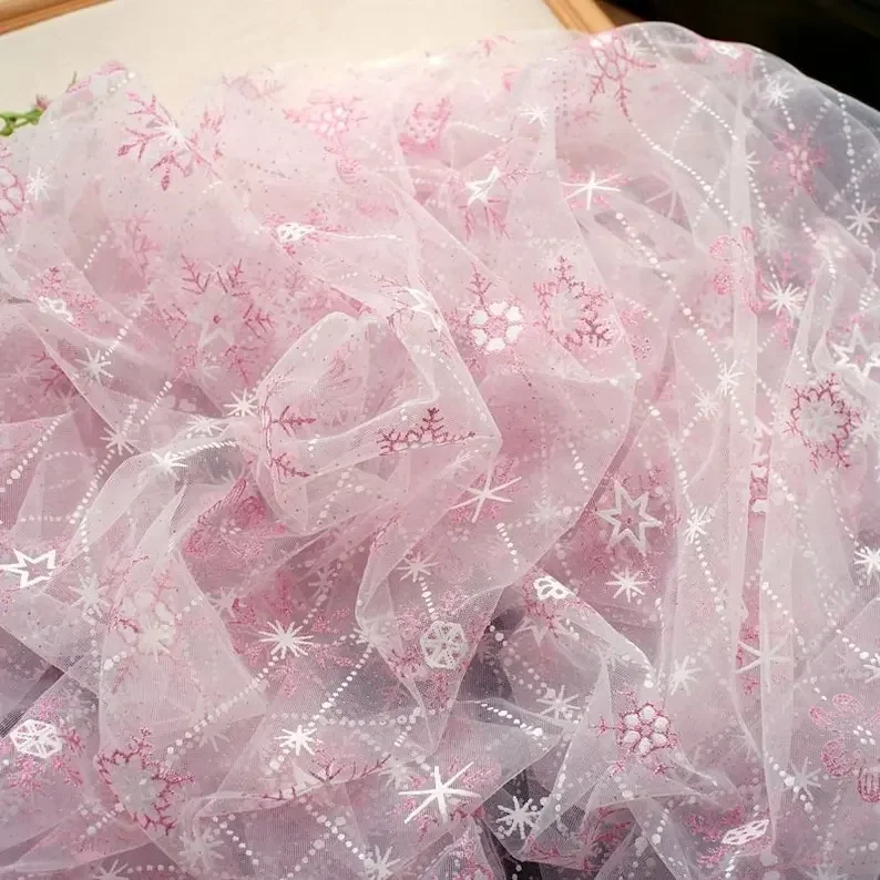 4 colors Glitter gold snowflake print Lace Fabric stars flower Soft Tulle Fabric for Girl Dress, Costume design 59