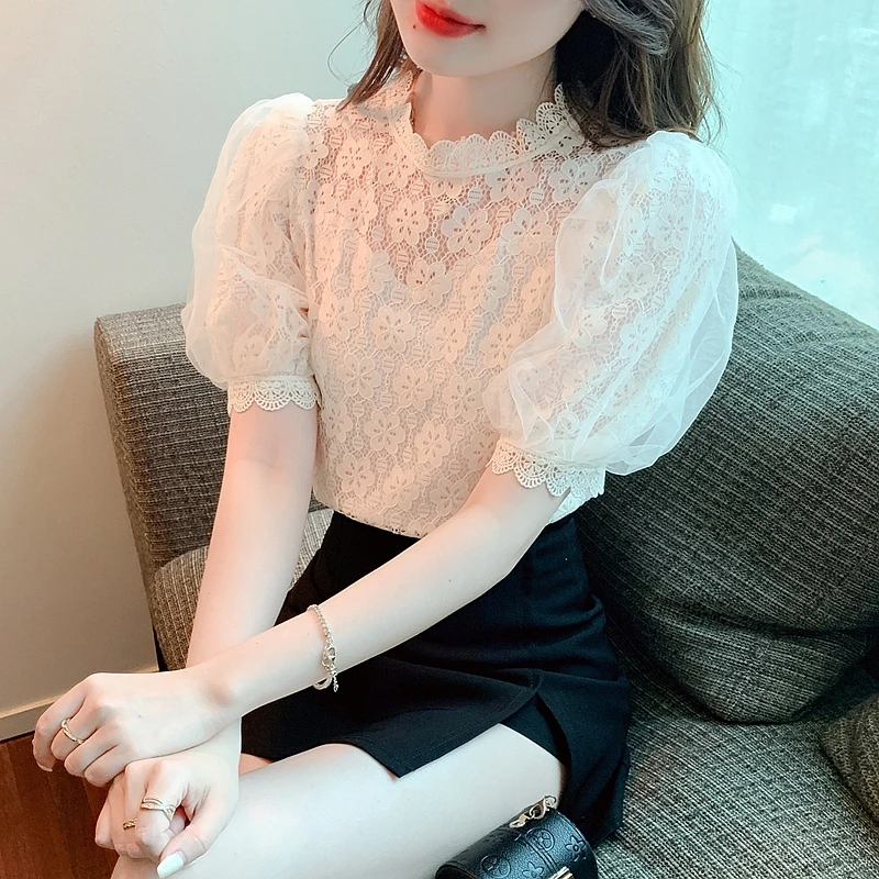 Women Clothing Korean Fashion Sexy Lace Hollow Sweet Chic Elegant Blouse 2024 Summer Female Casual Solid Short Sleeve Slim Tops