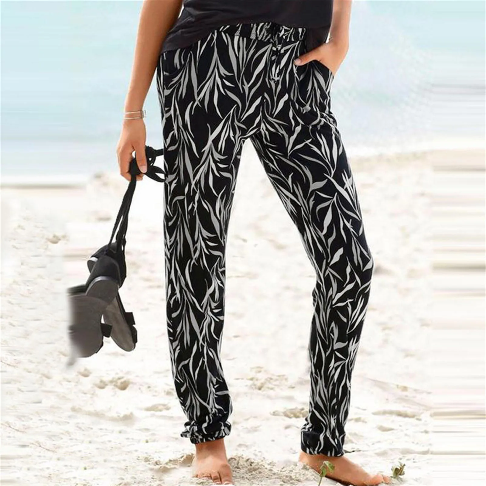 Pantalones largos de playa de estilo bohemio con bolsillos para mujer, pantalones de cintura alta con estampado de moda, pantalones casuales sueltos de cintura elástica