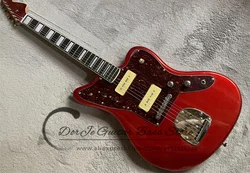 Metal Red Electric Guitar Jag Body Rose Wood fingerboard Shell Inlaid Red Tortoiseshell guard Board P90 Pickup Retro Tuner