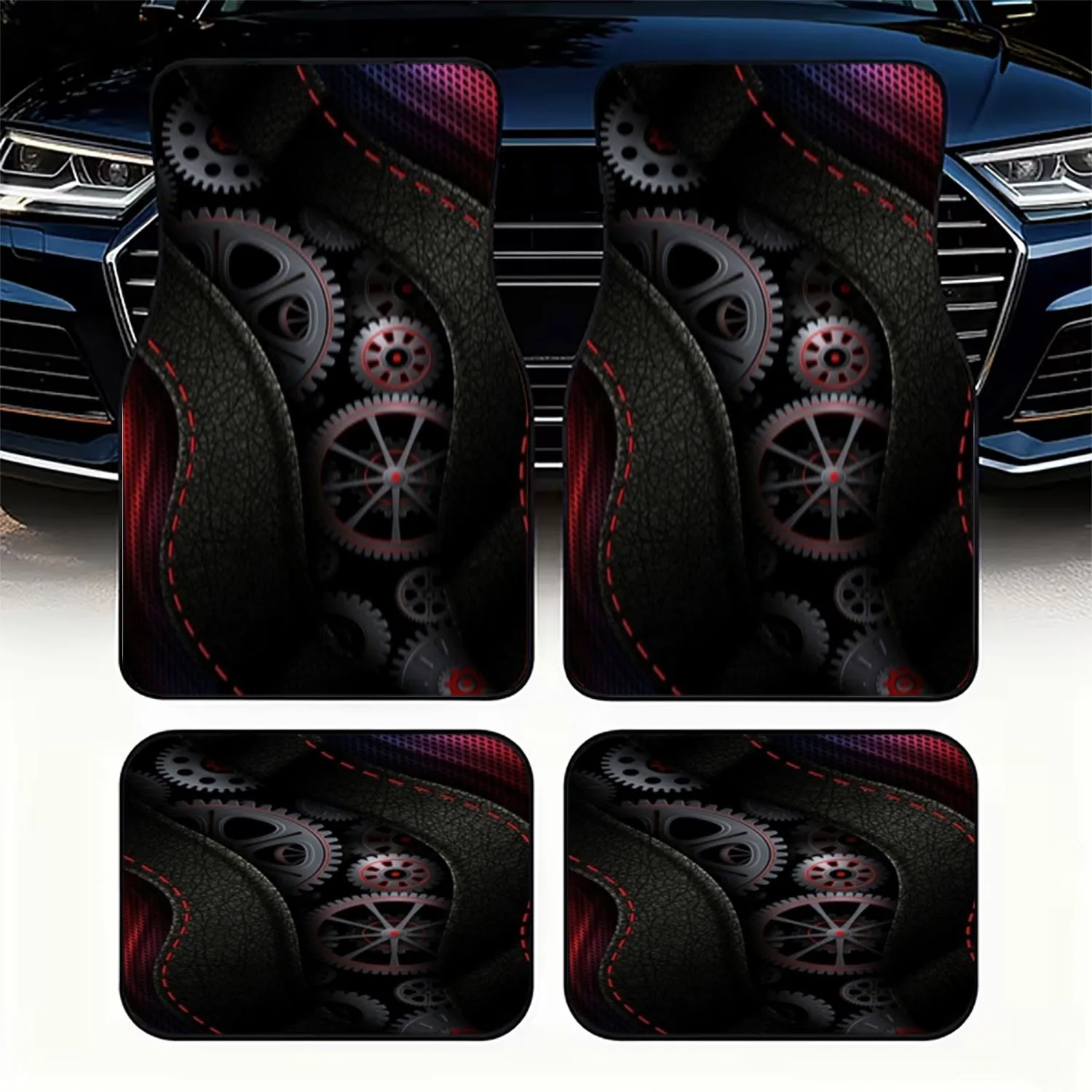 4pcs Mechanical Gear Design Car Floor Mats | Metallic Gray With Red Accents, Polyester Material, Dynamic Industrial Aesthetic, R
