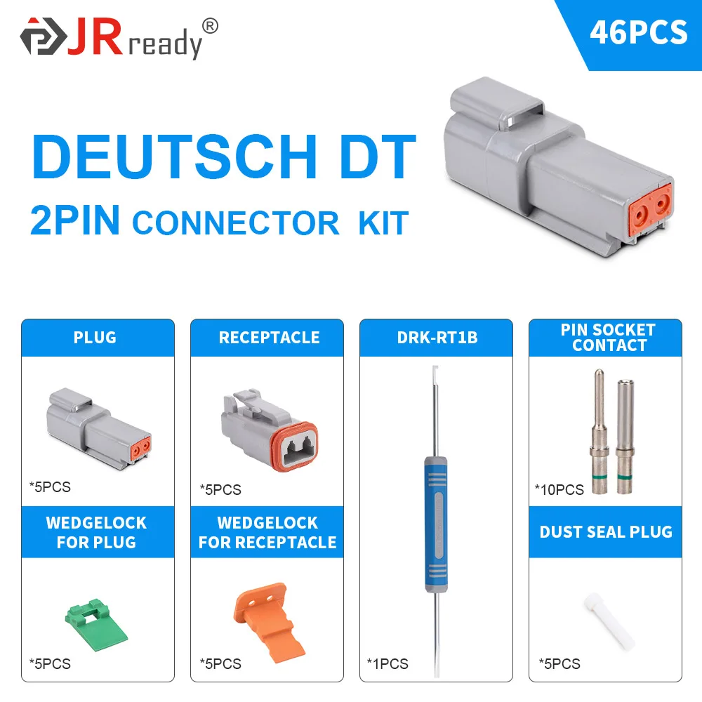 JRreadyST6328-2 DT Connector 5 Kit 2 Pin Way DT Series Connector,Auto Waterproof Electrical Connector 14-20 AWG and Sealing Plug