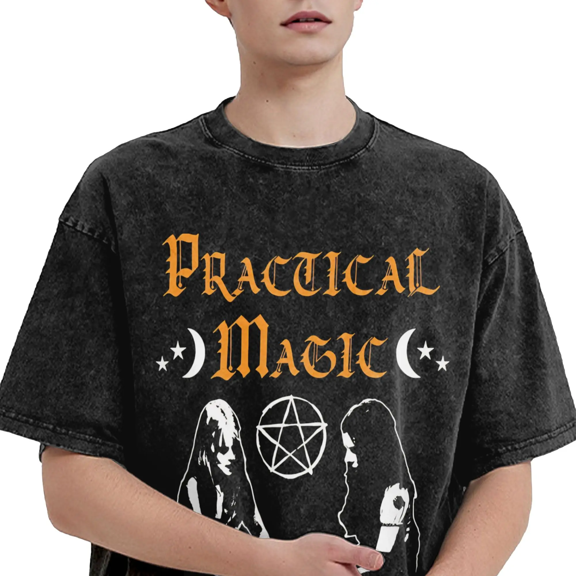 Harajuku Washed Shirt Practical Magic Witchcraft Witches Pentagram Occult Witchy Outfit Retro T-Shirts Oversize  Streetwear