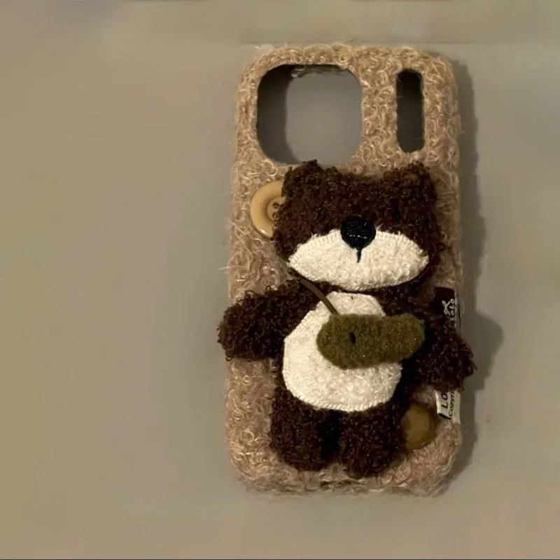 

Suitable for IPhone Cute Plush Teddy Bear Phone Case 3D Stuffed Animal Soft Fluffy Cover with Mini Bag Decor Protective Shell