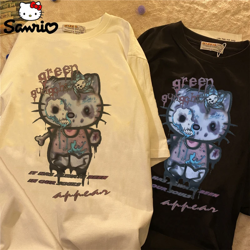 Sanrio Hello Kitty T-shirt Women Short Sleeve Y2k Summers Loose Hip-hop Print Breathable Girl Street Casual Top Clothes Gifts