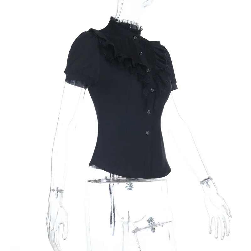 بلوزة شفافة ذات رقبة عالية من الدانتيل على طراز المحكمة الرجعية مع تأثير وهمي داكن ومثير وأكمام بتلات جاهزة