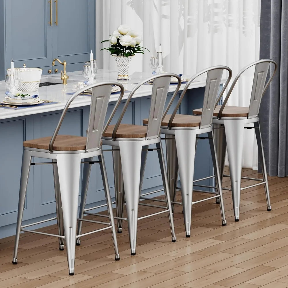 Bar Stools Set of 4 Counter Height Stools High Back Kitchen Bar Chairs 24" Silver Metal Barstools