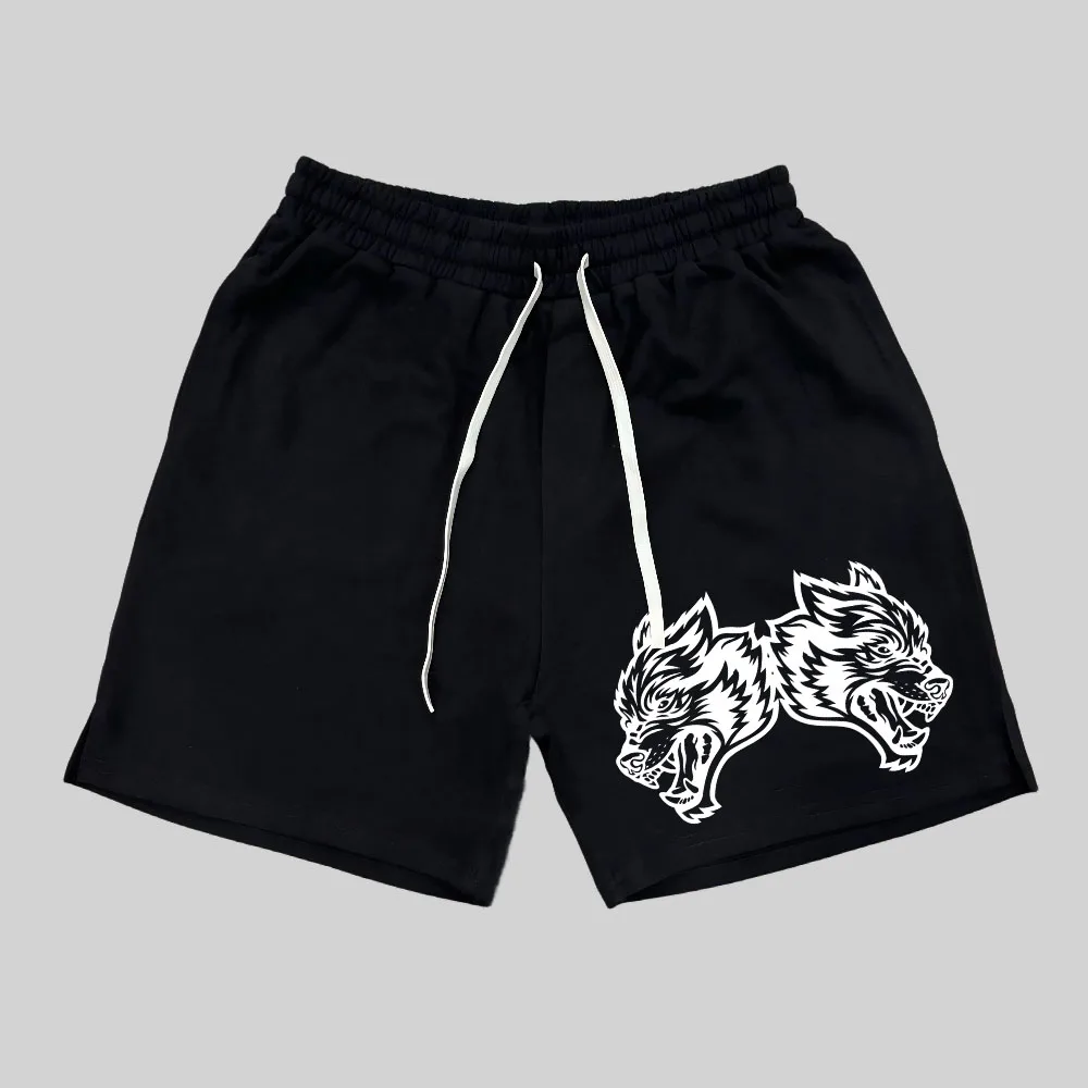 WOLVES Print Sport Terry Material Shorts Fitness Cotton Workout Bodybuliding Men Gym Basketball Running Bottoms US SIZE