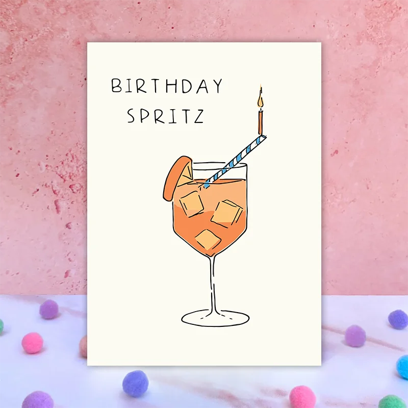 1 pc fun birthday card featuring a creative stemware drink image. Creative greeting cards. The perfect gift for family, friends