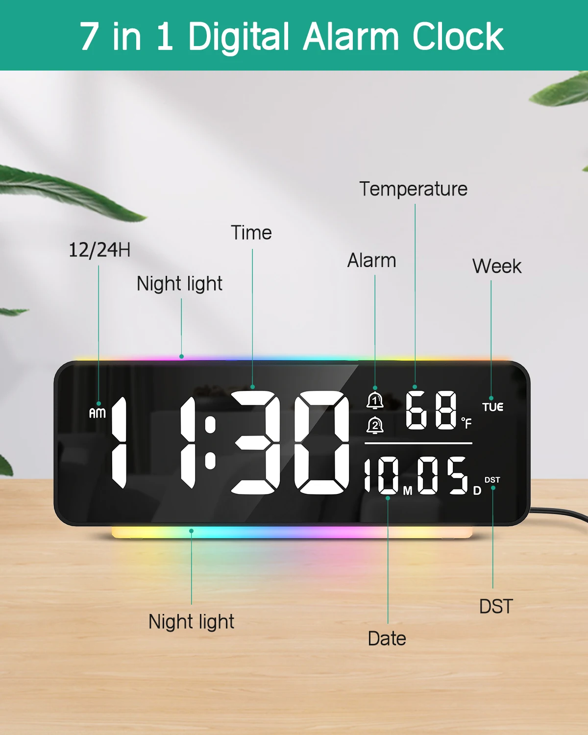 Reloj despertador LED con luz ambiental multicolor y temperatura - imagen 5
