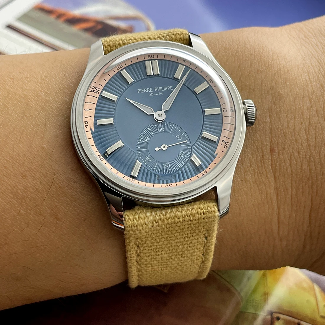 38mm ピエール・フィリップ フォーマルウォッチ ヴィンテージ ブルーダイヤル 夜光腕時計 メンズ 機械式 手巻き腕時計 ST17 レロッホ オンブレ