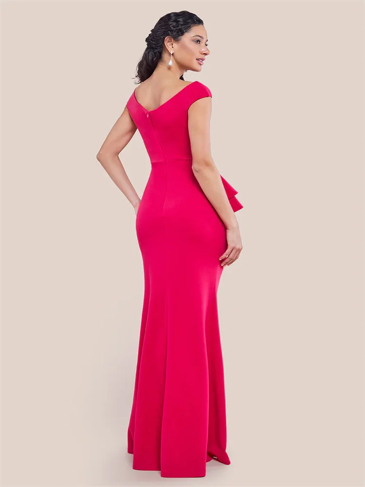 Customized Elegant Magenta Crepe Rose Ruffle Dress Sleeveless V-neck Rose Corsage Waist Ruffle Embellished Mermaid Evening Gown