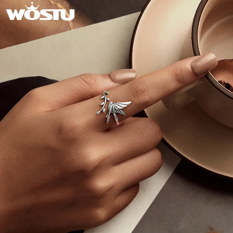 WOSTU 925 Sterling Silver Kingfisher Open Ring For Women, Bird & Branches Adjustable Rings Party  Party Jewelry Birthday gift