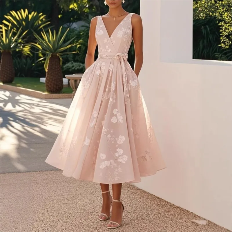 

Summer Elegant Evening Party Dress 2025 Sexy V-neck Sleeveless Lace-up Chic Pleated Dresses Boho Womens A-Line Prom Dress Robe