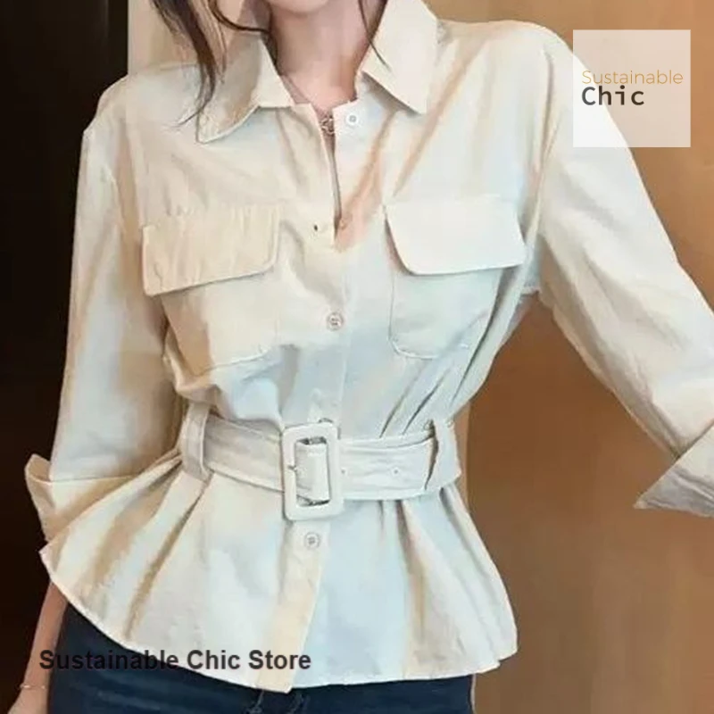 프렌치 스타일 칼라 프록 셔츠 여성 가을 신상 허리 디자인 감각 스파이스 걸 패션 분위기 있는 아름다운 캐주얼 탑
