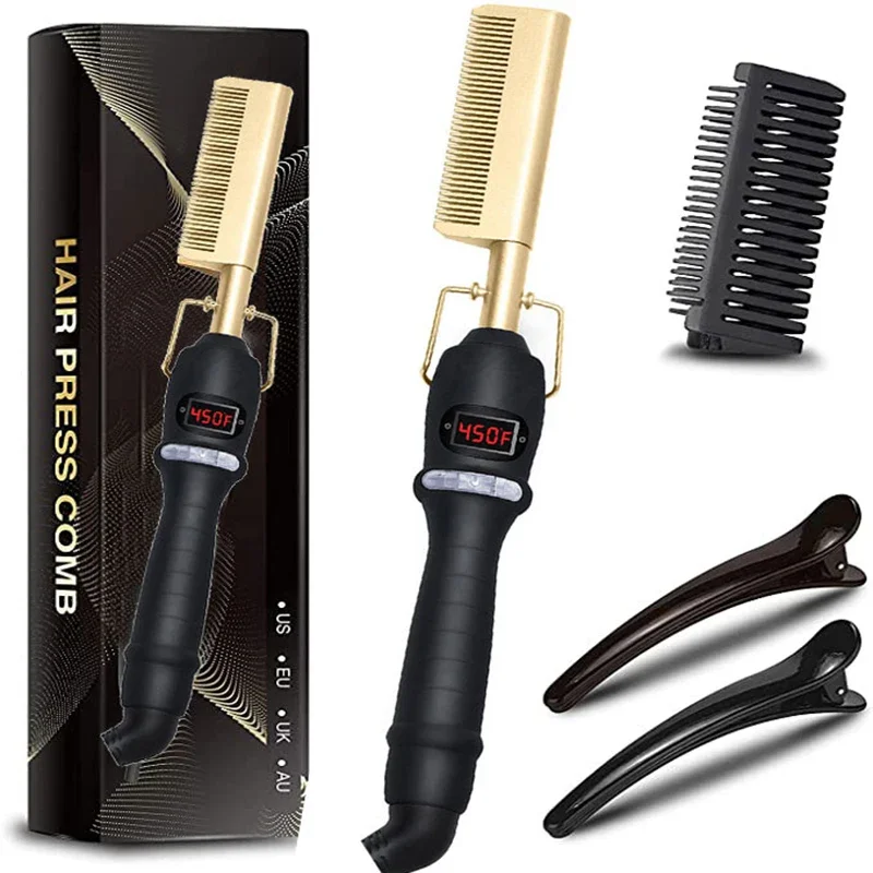 

Hot Comb Electric Hair Straightener Multifunctional Copper Brush for Wet and Dry Hair Heated Comb for Men Long Beard