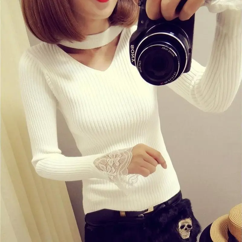 

White V-neck Pullover Knit Tops for Woman Black Women's Sweater Tall Clothing Jumper Streetwear Crochet Autumn Winter 2023 Warm