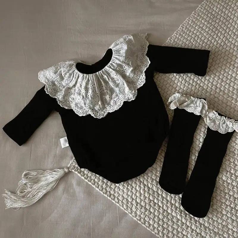 Rompers for Baby Girls with Sock Korean Baby Autumn Jumpsuit Lace Collar Infant Fart Clothes Outer Wear Casual Simple