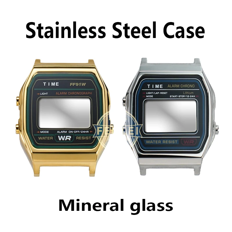 حافظة لساعة كاسيو الإلكترونية مربعة صغيرة A158 A159 F-91 للرجال حافظة ساعة من الفولاذ المقاوم للصدأ معدلة برغي أداة من الزجاج المعدني
