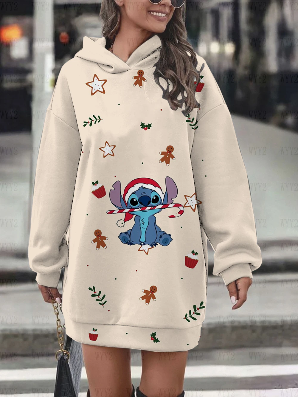 Christmas Disney Stitch print women\'s elegant fashion casual pullover hoodie new autumn and winter sweater dress