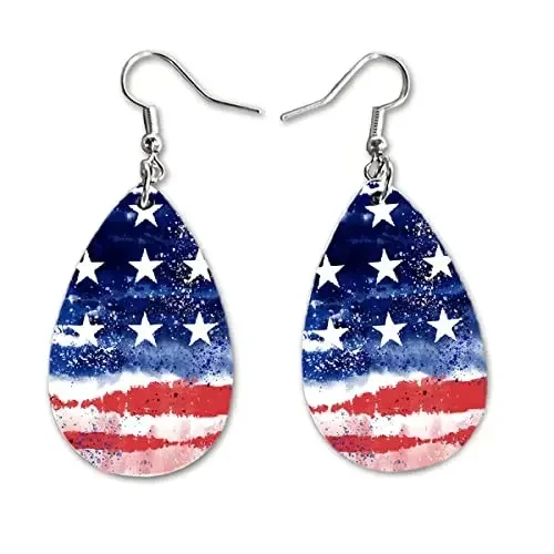 2024 Vintage Leather Stripe Star Drop Earrings Blue White Red Geometric Teardrop Shape Dangle Earrings for Women Beach Jewelry