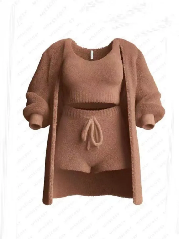 Spring Autumn Woman's Short Pant Three-piece Set Fashion Solid Color Vest +lace-up Pants+coat Suit Ladies Leisure Comfort Outfit