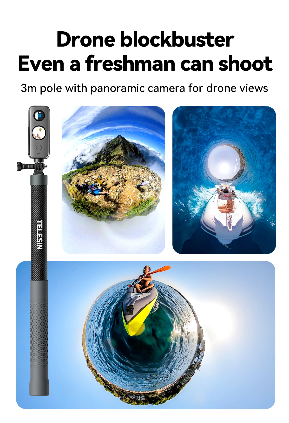 Telesin 3M 1,2M Unsichtbarer Carbonfaser-Selfie-Stick für Hero 13 12 11 10 9 DJI Action5 4 3 Insta360 X5 X4 Motorrad-Zubehör – Detail 7