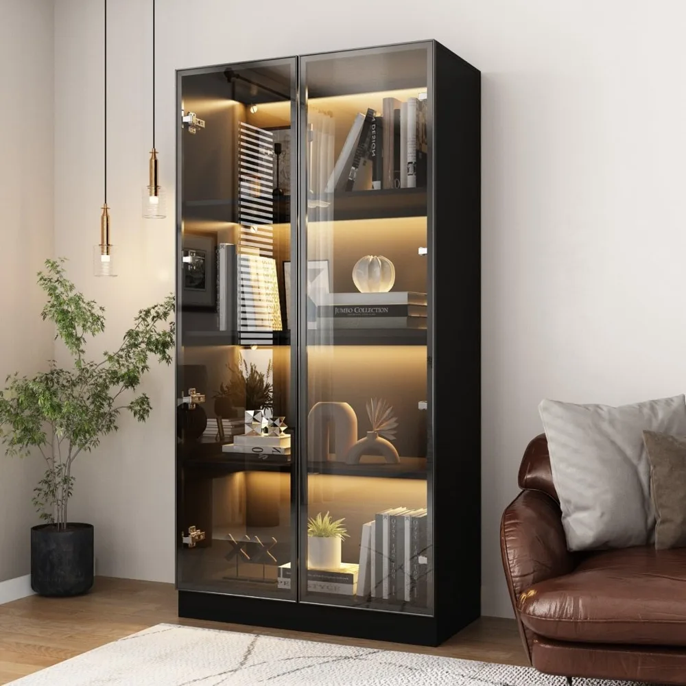 Display Cabinet with Lights, Glass Cabinet with Doors and Shelves, 4-storey Storage Cabinet, Bookshelf Display Cabinet