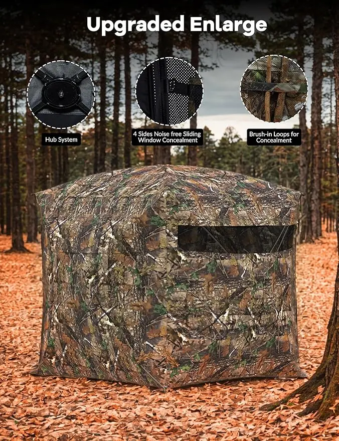 

270 Degree See Through Ground Blind for Turkey Deer Catching, Camouflage Pop Up Outdoor Blinds Ground Waterproof Portable Concealed Shelter with Silent Door and Carrying Bag