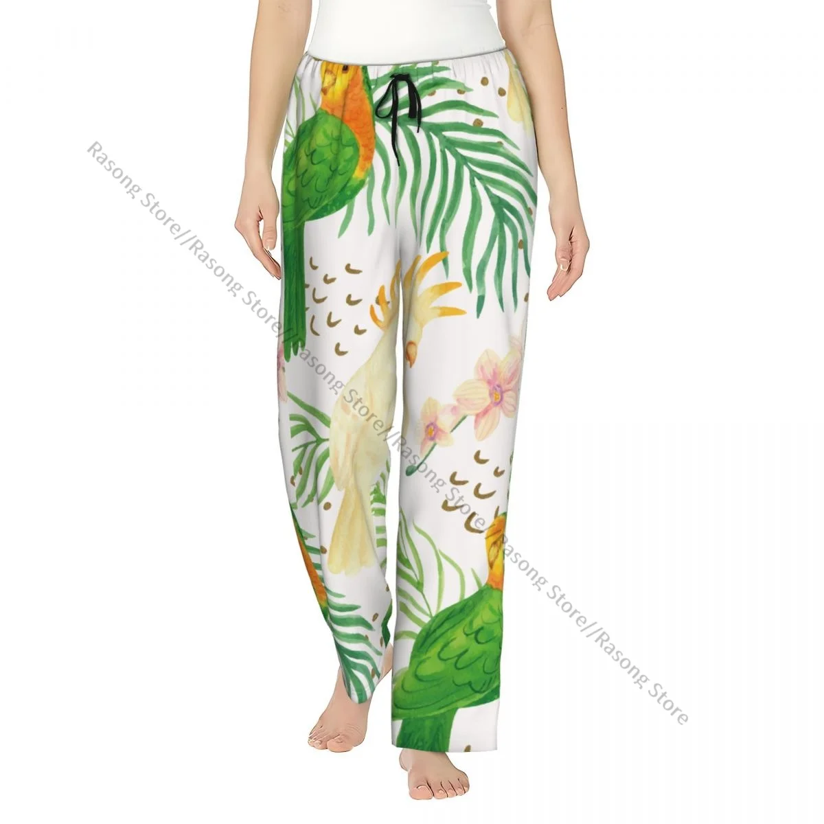 Cozy Flannel Pajama Pants for Women Watercolor Summer Tropical Birds Sleep Bottoms Home Loungewear