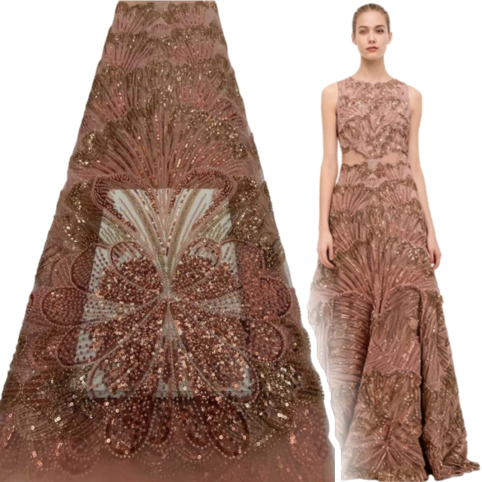 

African Beads Lace Fabric 2025 Sequins Beaded Embroidery Nigerian Bridal High Quality French Tulle Lace Fabric for Wedding 1770